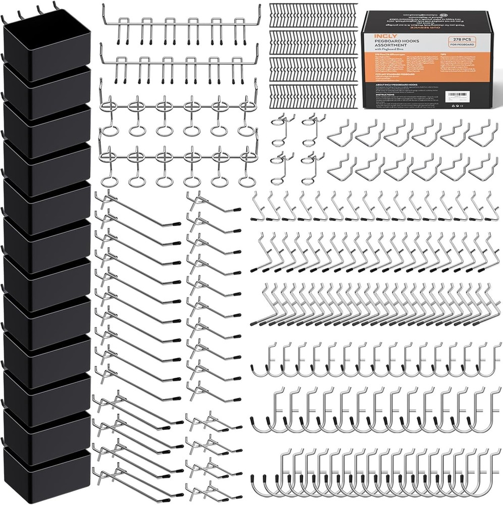 Versatile 278pcs Pegboard Storage Hooks & Bins for Effortless Tool Organization