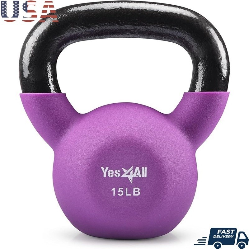 Neoprene Coated Cast Iron Kettlebell 15lb Ergonomic Handle Flat Bottom Stability