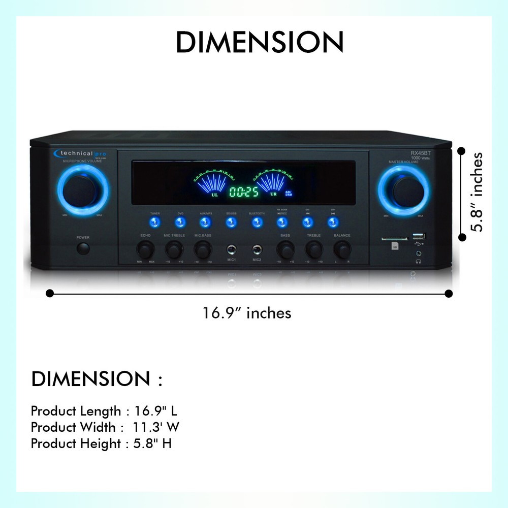 Technical Pro RX45BT Bluetooth Receiver w/ USB & SD Card Inputs,1000W Peak Power