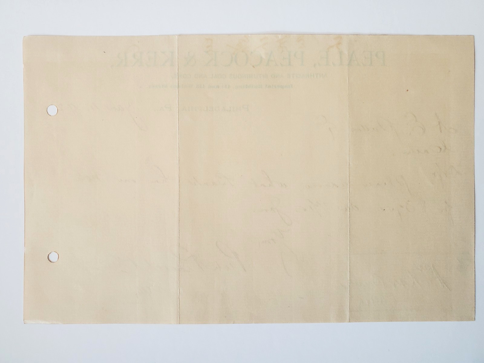 1892 Letter, Peale, Peacock & Kerr, Coal And Coke, Philadelphia, Pennsylvania