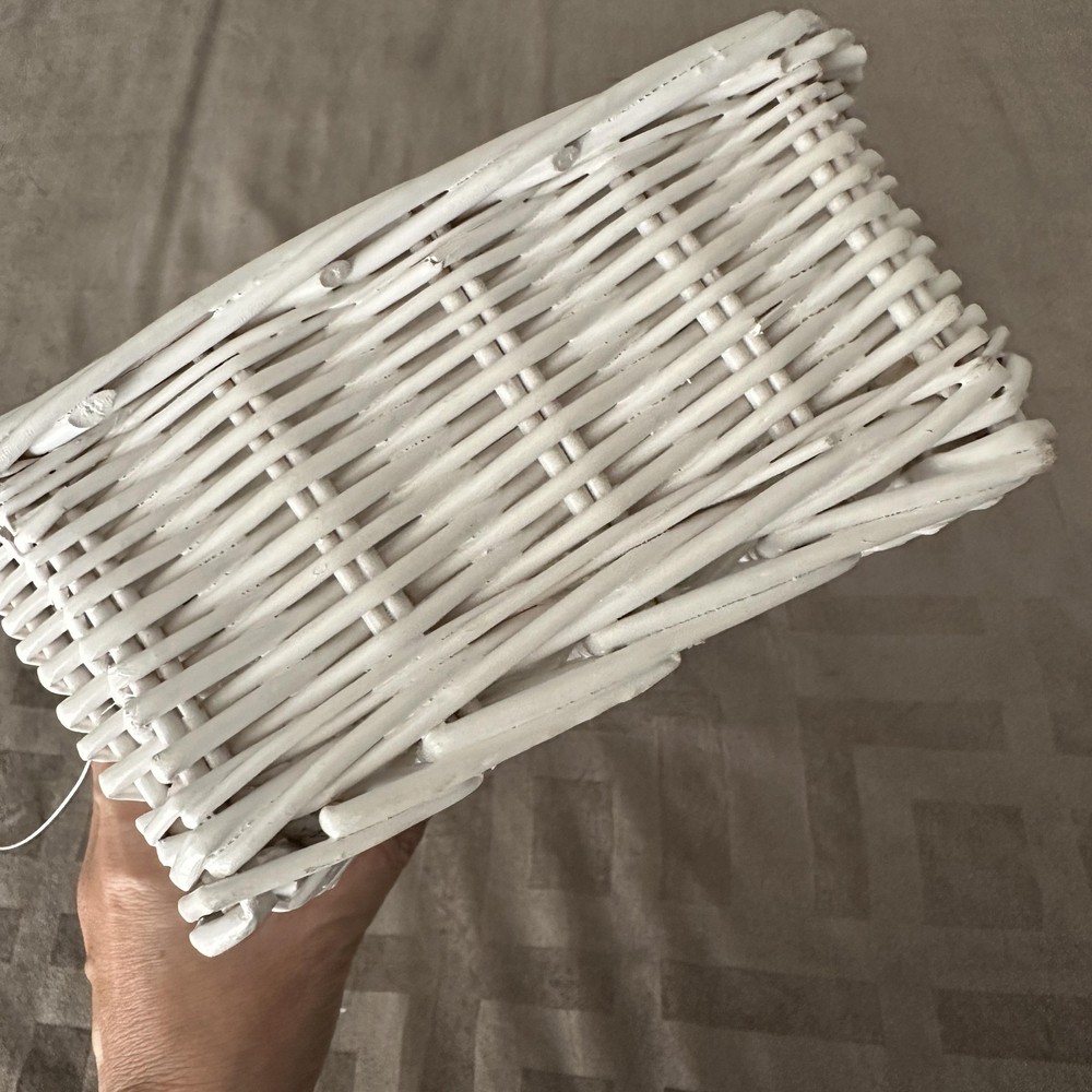 White Wicker Rectangular Basket 17 Inch Farmhouse Table Centerpiece Organizer