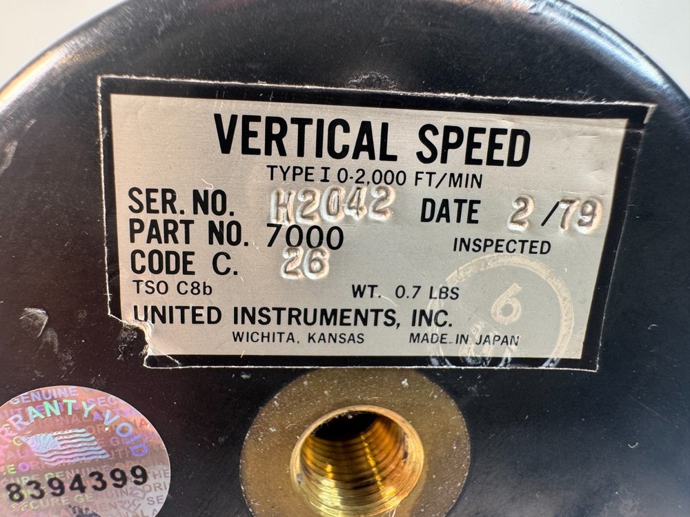United Instruments 7000 Vertical Speed Indicator VSI 0-2000FPM TSO-C8b