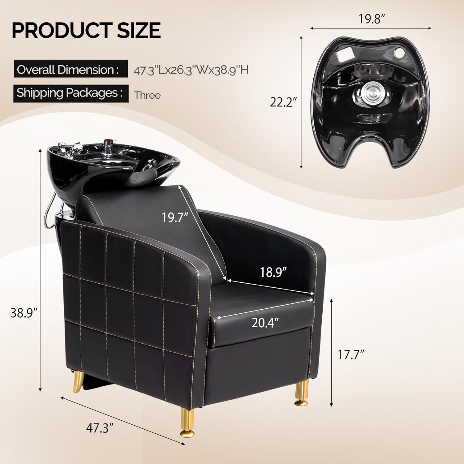 Ergonomic Backwash Hair Chair with Porcelain Bowl and Silicone Neck Pillow Black