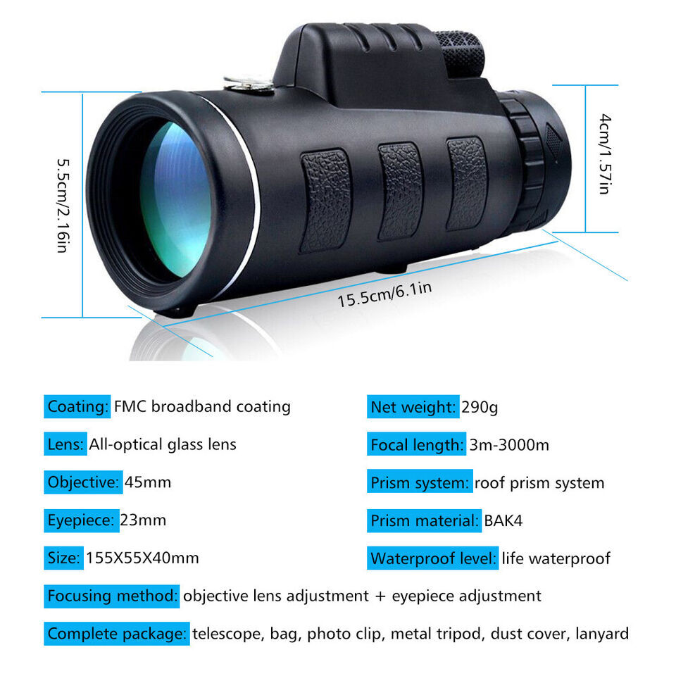 Zoom HD Monocular Starscope Monocular Telescope BAK4 w/Phone clip,tripod