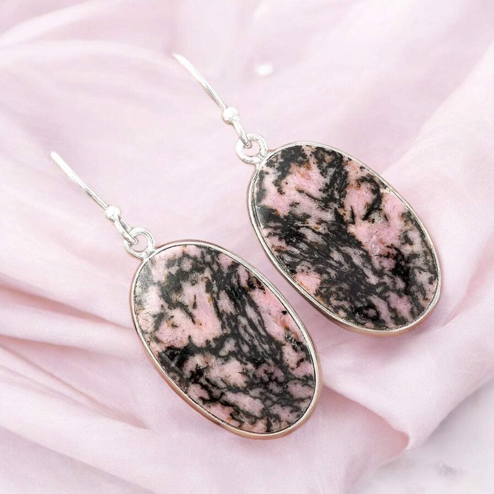 Rhodonite Solid 925 Sterling Silver Earrings