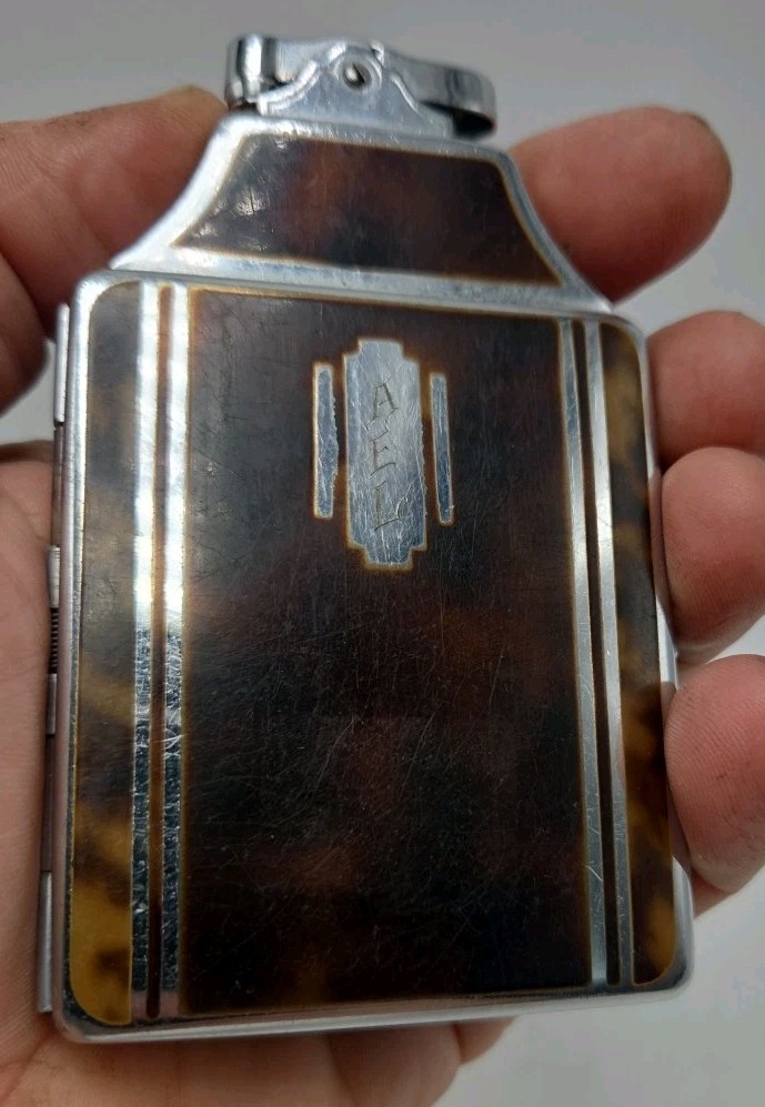 Ronson Art Deco Mastercase Cigarette Lighter Case Combo Chrome Tortoise Shell
