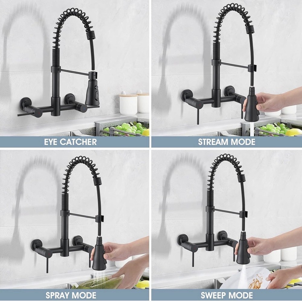Wall Mount Kitchen Faucet Matte Black Commercial Pull Down Sprayer 8” NEW
