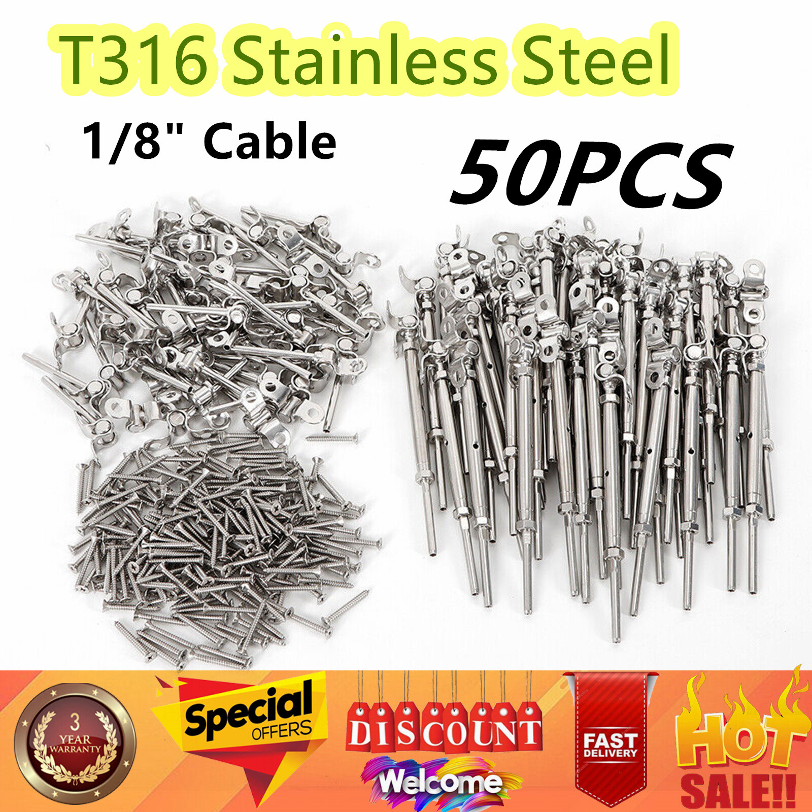 50 Pack T316 Stainless Steel Tensioner Set for 1/8" Cable Railing w/ Deck Toggle