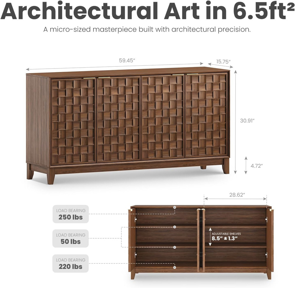 Walnut Mid Century Modern Fluted Sideboard Cabinet with Ample Storage