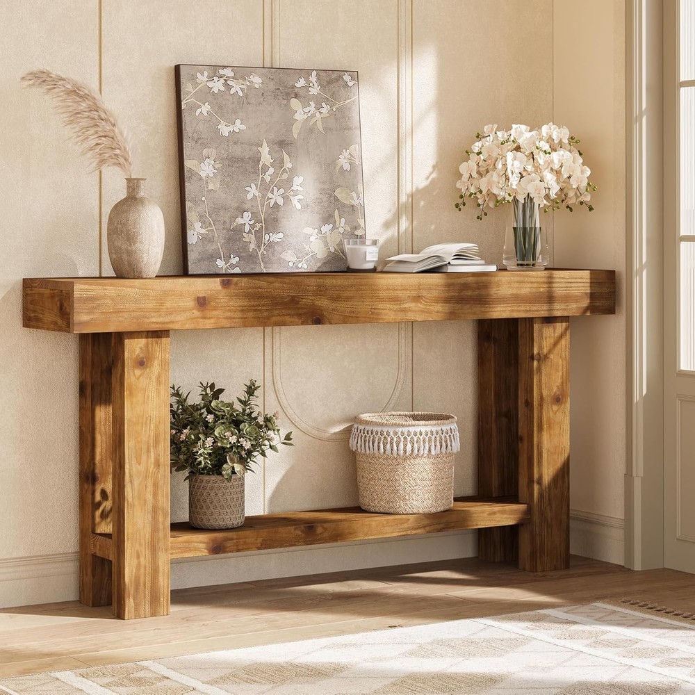 63'' Solid Wood Console Table Farmhouse Narrow Entryway Sofa Table with Storage