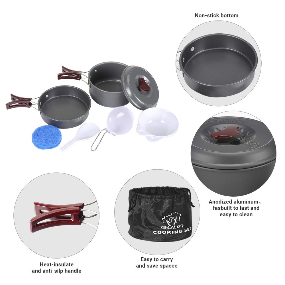 Bulin 8PCS Lightweight Camping Cookware Mess Kit Backpacking Cooking Set