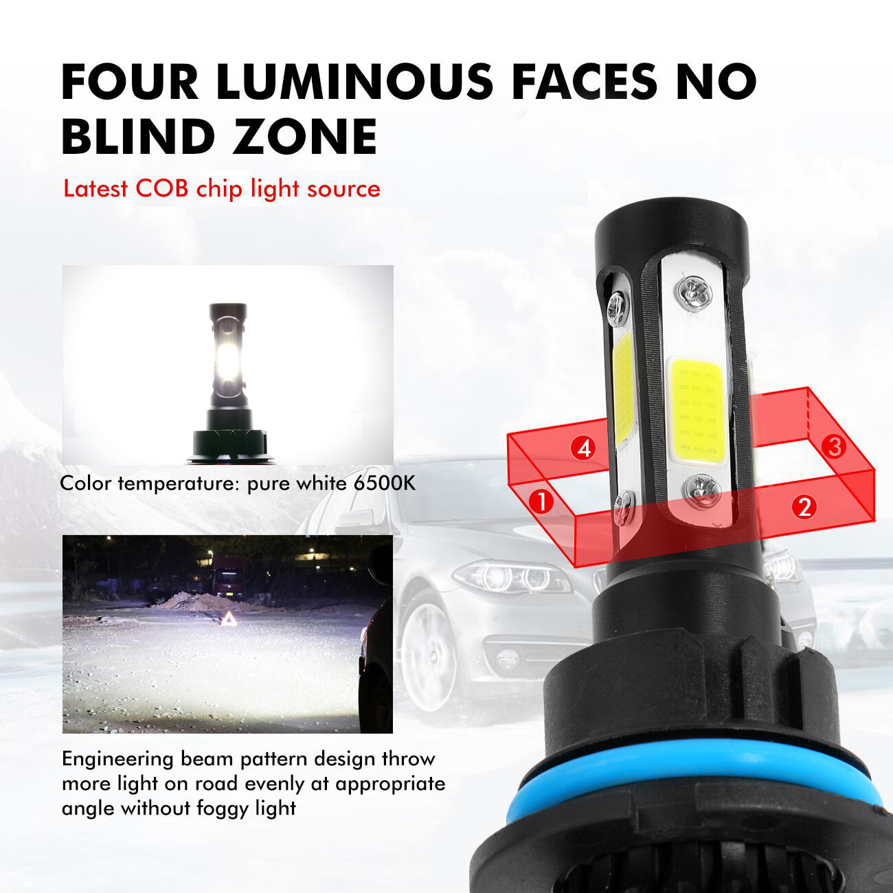 4 Sides HB1 9004 LED Headlight Bulbs Dual Beam 3600000LM 6000K Super Bright Kit