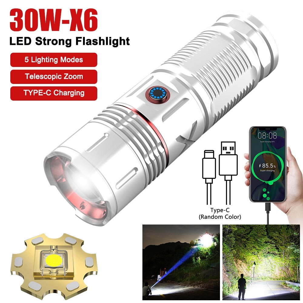 Laser White LED Flashlight TYPE-C Charging Super Bright Torch Zoomable Light US