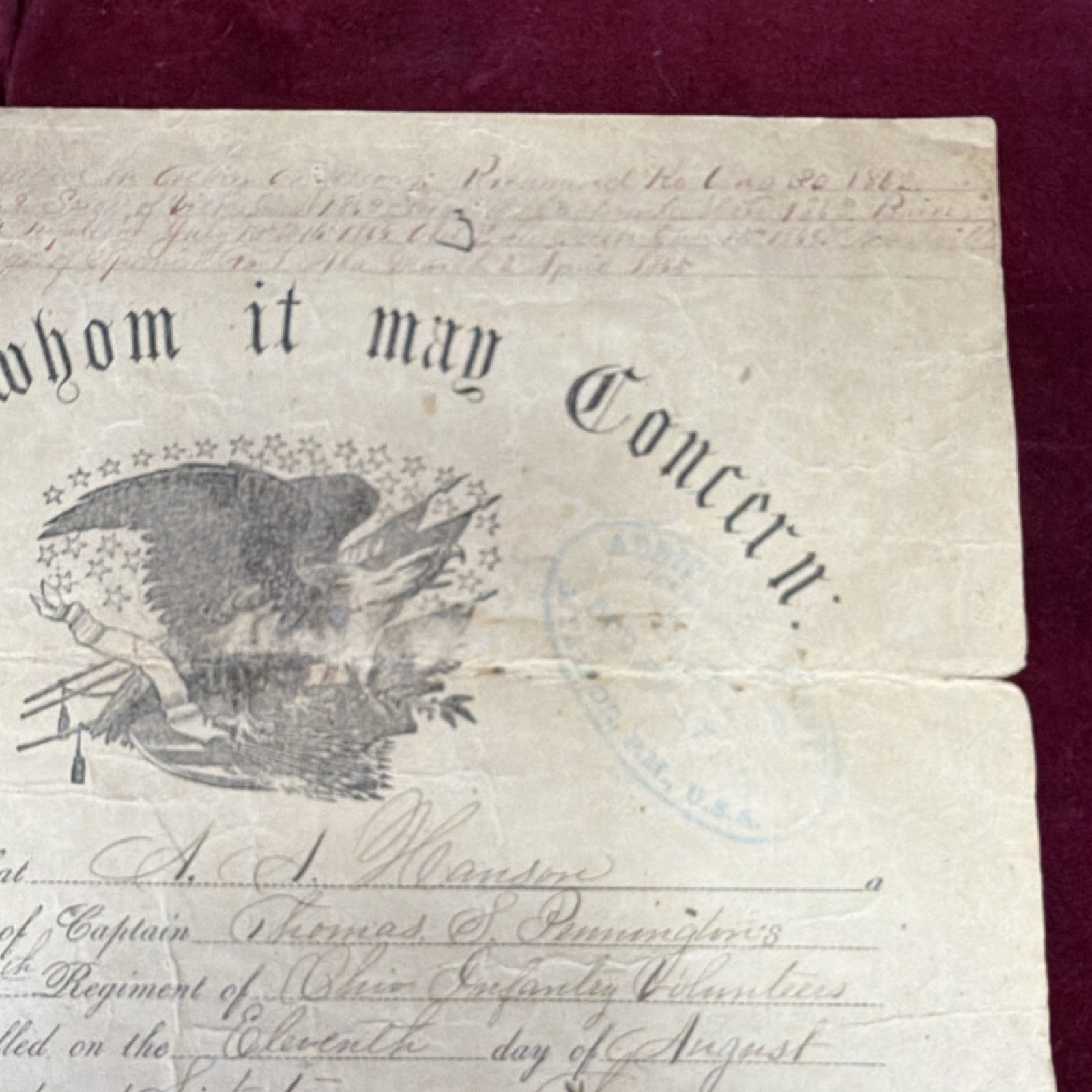 United States Military Discharge Paper Silver War Era Dated August 1865