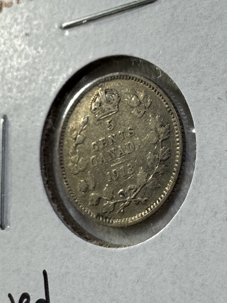 1913 Canada 5 Cents Small Silver Coin Cleaned