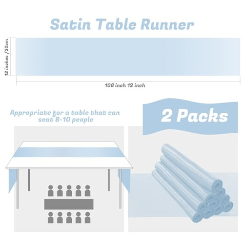 2 Pack Light Blue Table Runners 12 x 108 Inch, Rectangular Smooth Satin Silk