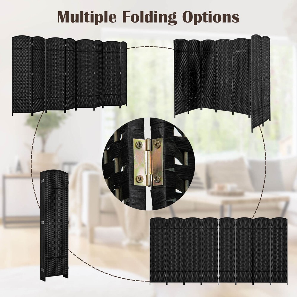 8-Panel Room Divider 6 FT Tall Folding Privacy Screen w/Solid Wood Frame
