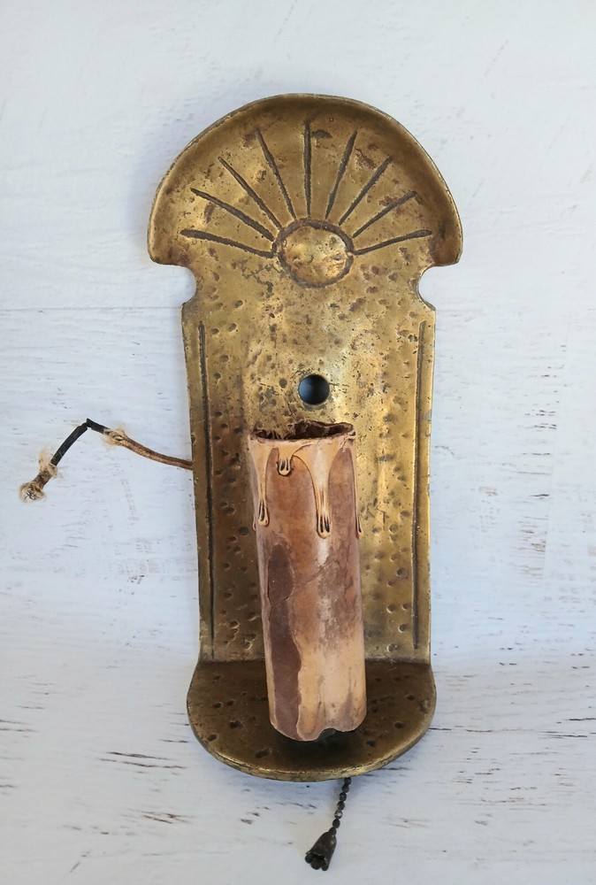 Early Original Cast Hammered Solid Bronze Candle Sconce Light Lamp
