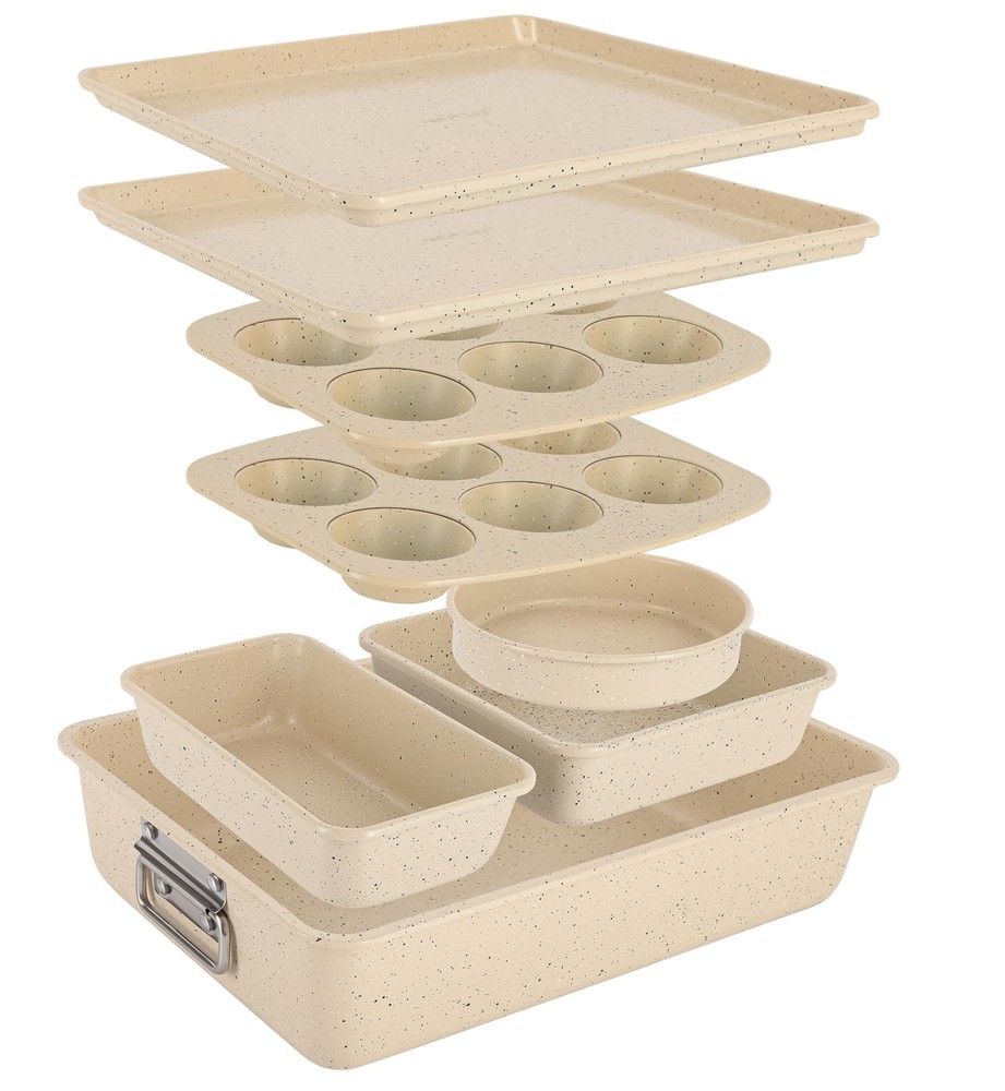 NutriChef 8-Piece Stackable Bakeware Set - Assorted Sizes, Marble Cream