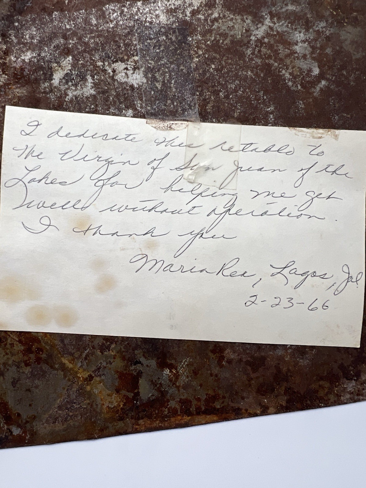 1966 Mexican Ex Voto Painting on Tin Retablo Folk Art 6 1/4 X 10 3:4”