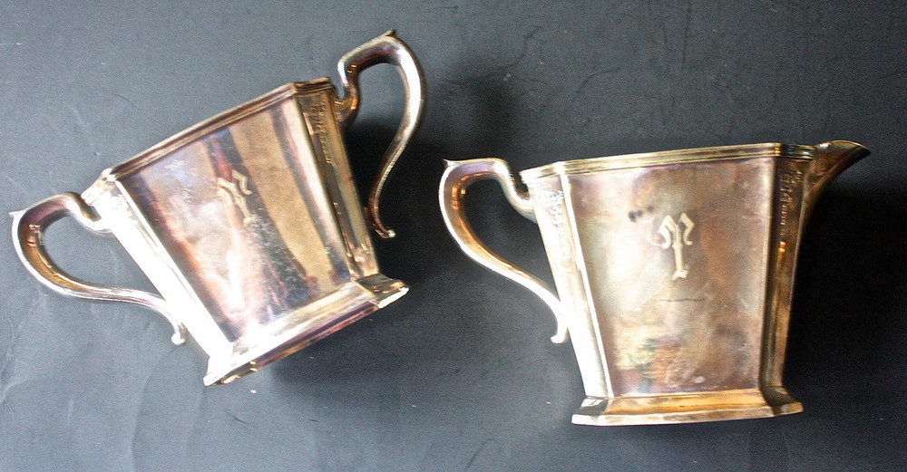 Vtg Gorham Silverplate Coffe Teapot Y308 Sugar & Creamer Set T monogram
