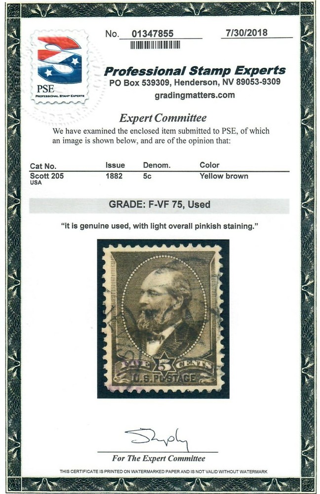 Scott 205 Premium Example PSE Graded F-VF 75