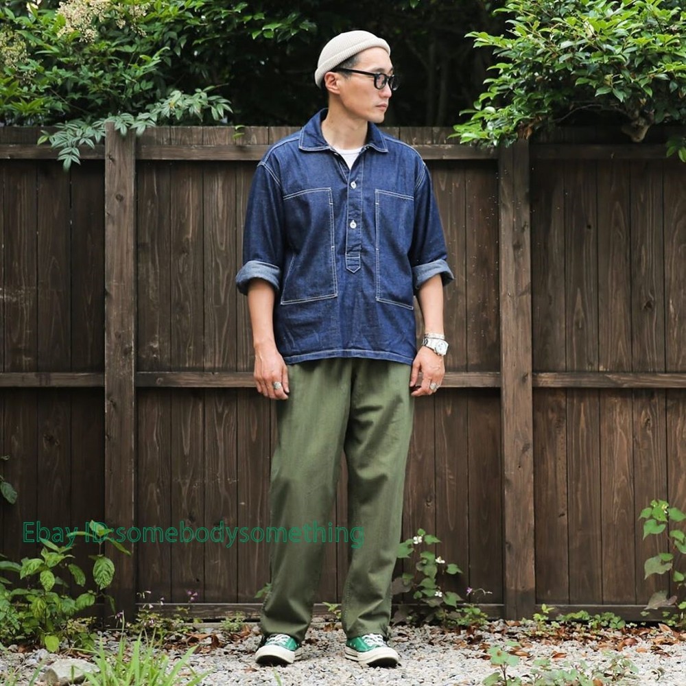 Vintage Mens Spring Summer Blue Denim Work Uniforms Loose Pullover Shirts Jacket