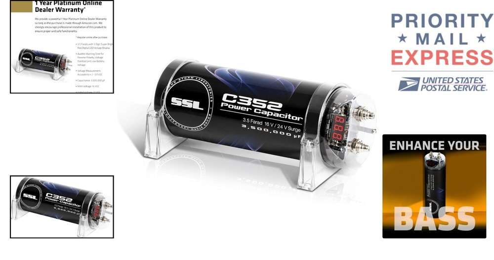 Compact 3.5 Farad Capacitor with Warning Tones & Red Voltage Meter - Black
