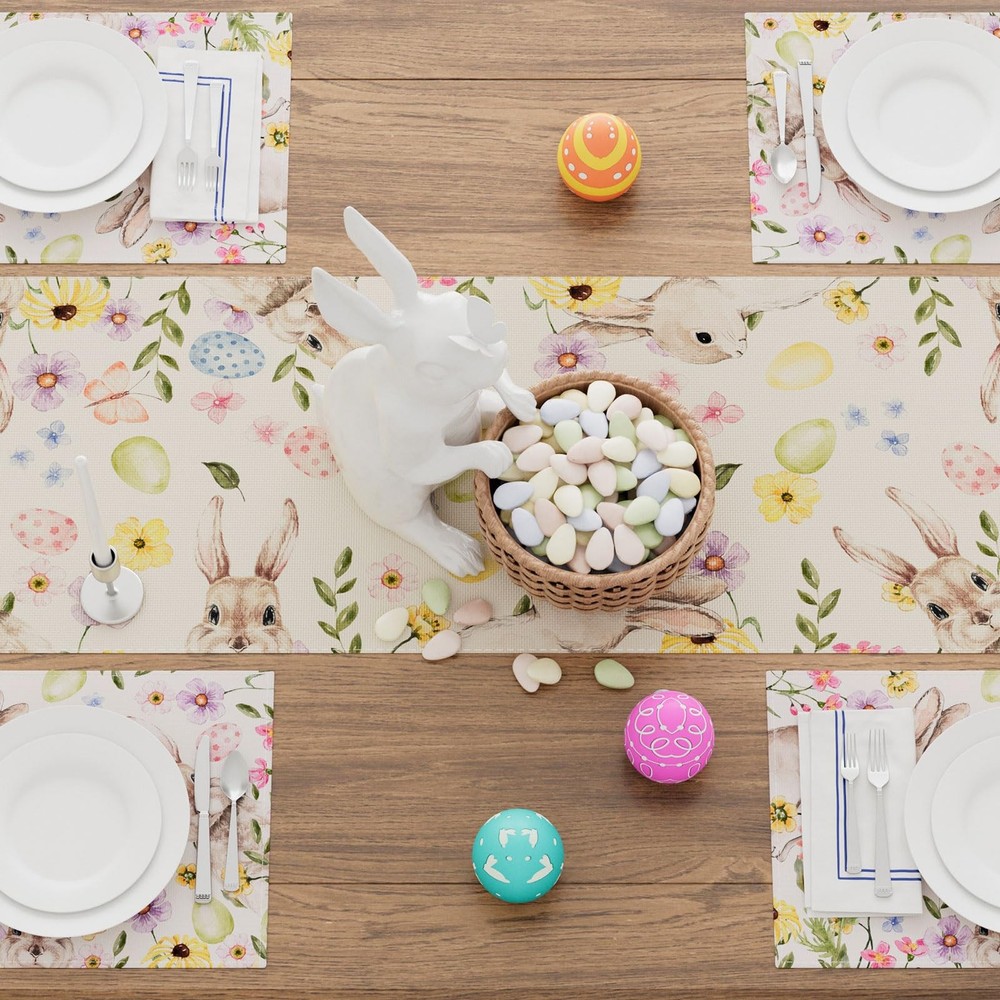 Watercolor Cute Bunny Eggs Rabbits Flowers Easter Table Runner Table Decorati...