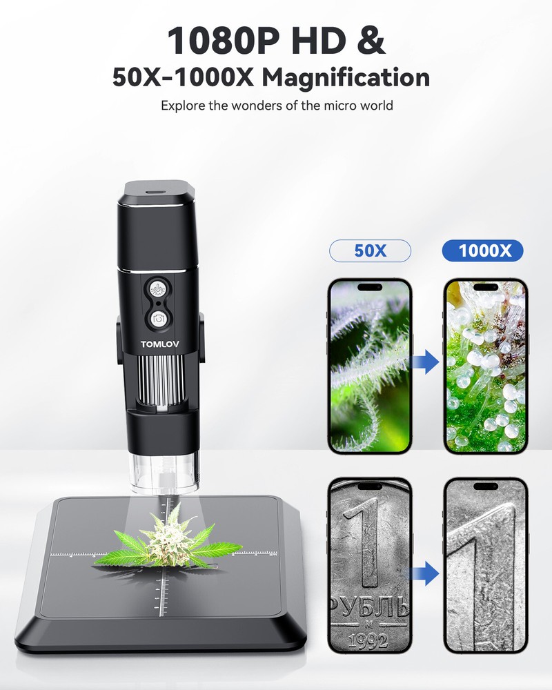 TOMLOV Digital Microscope Coin Microscope Magnifier 1000X 1080P for iPhone iPad