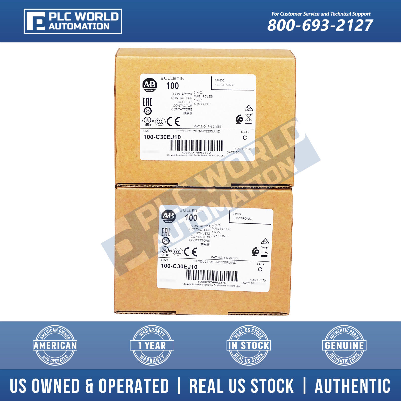 Allen Bradley 100-C30EJ10 Ser C IEC Standard Contactor, 24 VDC, 3-Pole, 30A, New