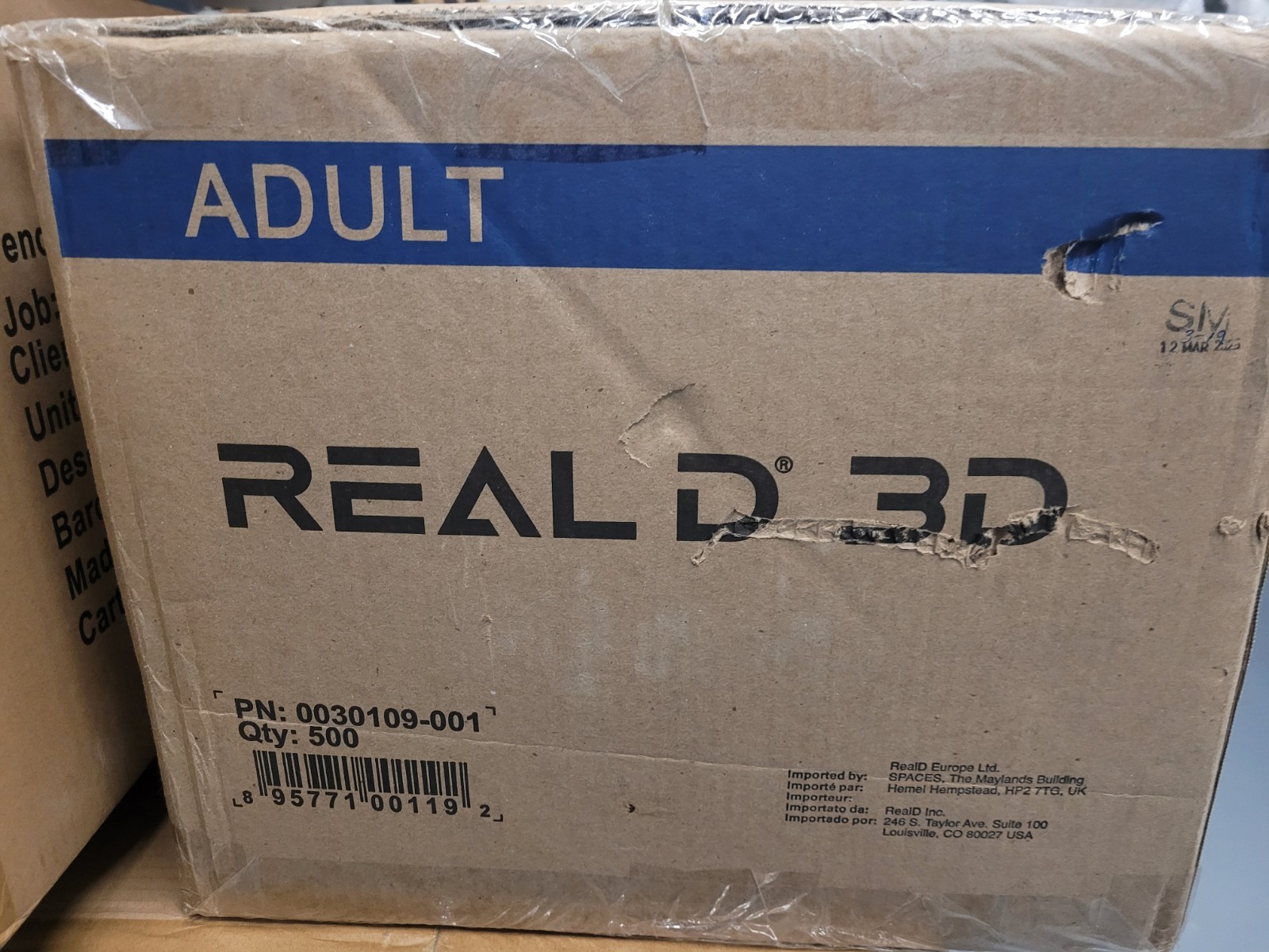 Real D 3D Glasses ADULT Size. 500 Quantity