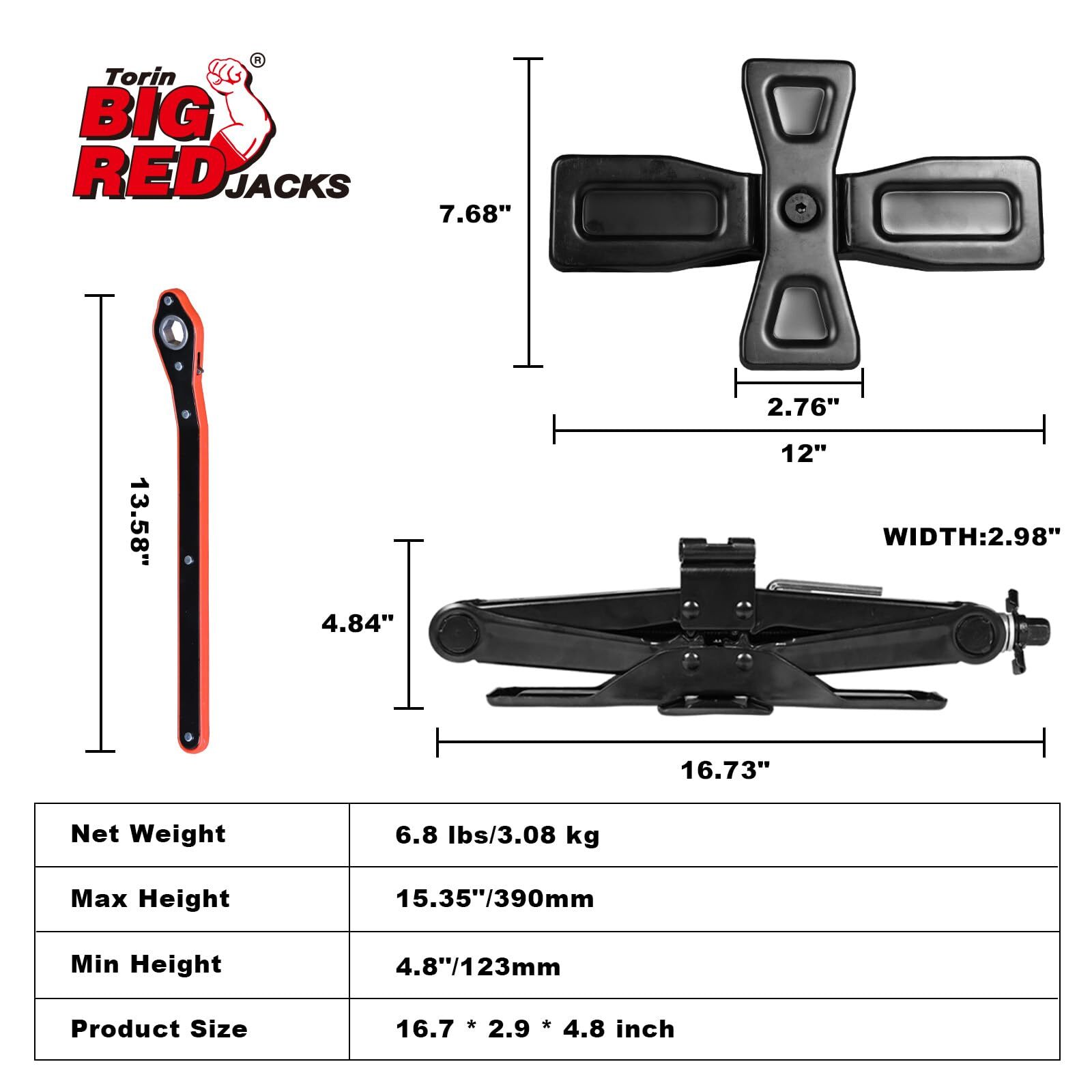 BIG RED Torin Wide Base Cross Car Scissor Jack, 1.5 Ton (3,000 lbs) , Black