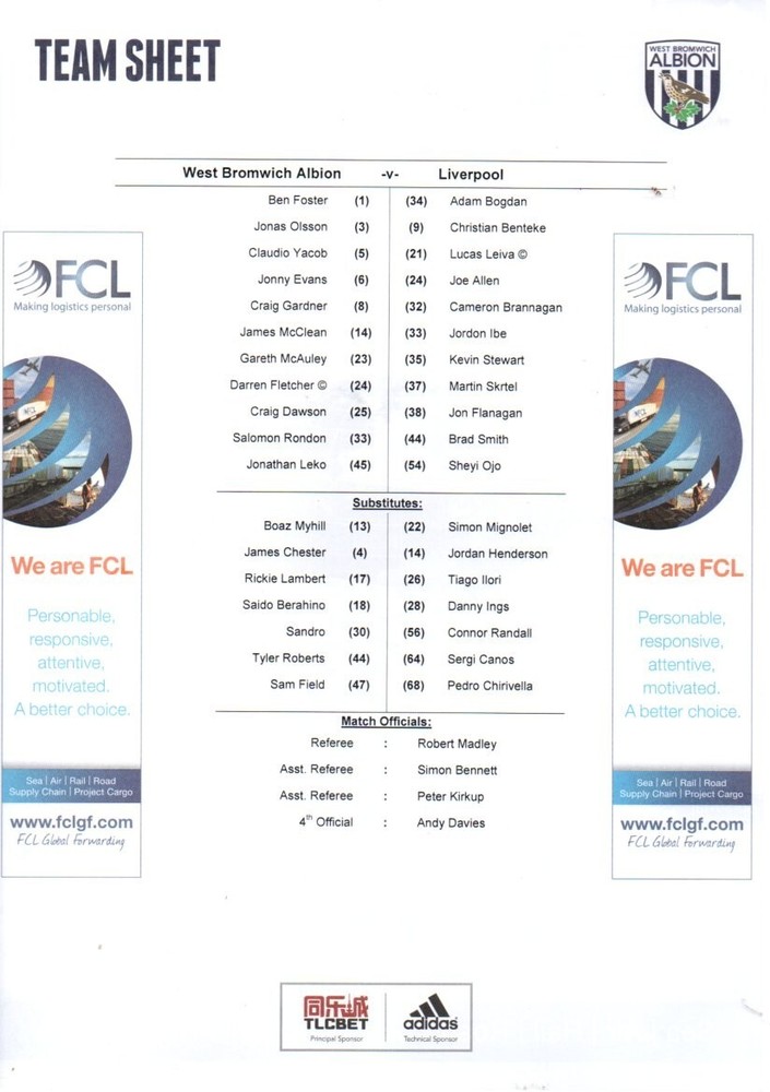 Team Sheet - West Brom v Liverpool 2015-16