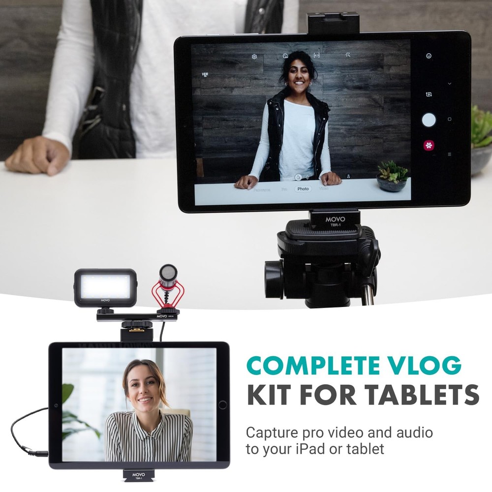 Movo Tablet Vlogging Kit for iPad Tablet Full Size Tripod, Microphone, LED Light