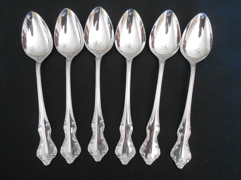 6 STAINLESS FLATWARE SOUP SPOONS 7 3/8" JAPAN UNKNOWN PATTERN LINE SCROLLS