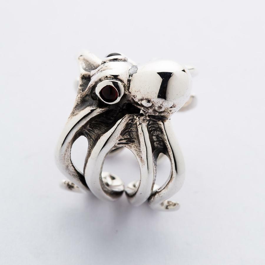 Red Eyes Sterling Silver Octopus Ring