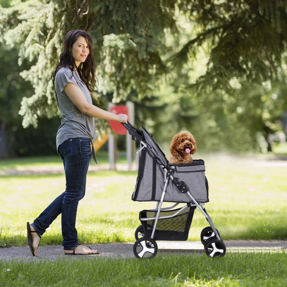 Collapsible Gray Pet Stroller with Mesh Windows and Smooth Zippers
