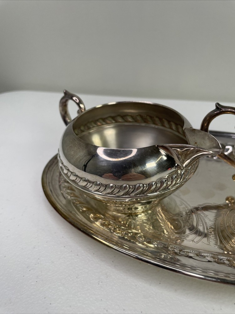 Creamer & Sugar Bowl w/ Tray Silver on Copper Silverplate Braid Rope Set 3 VTG