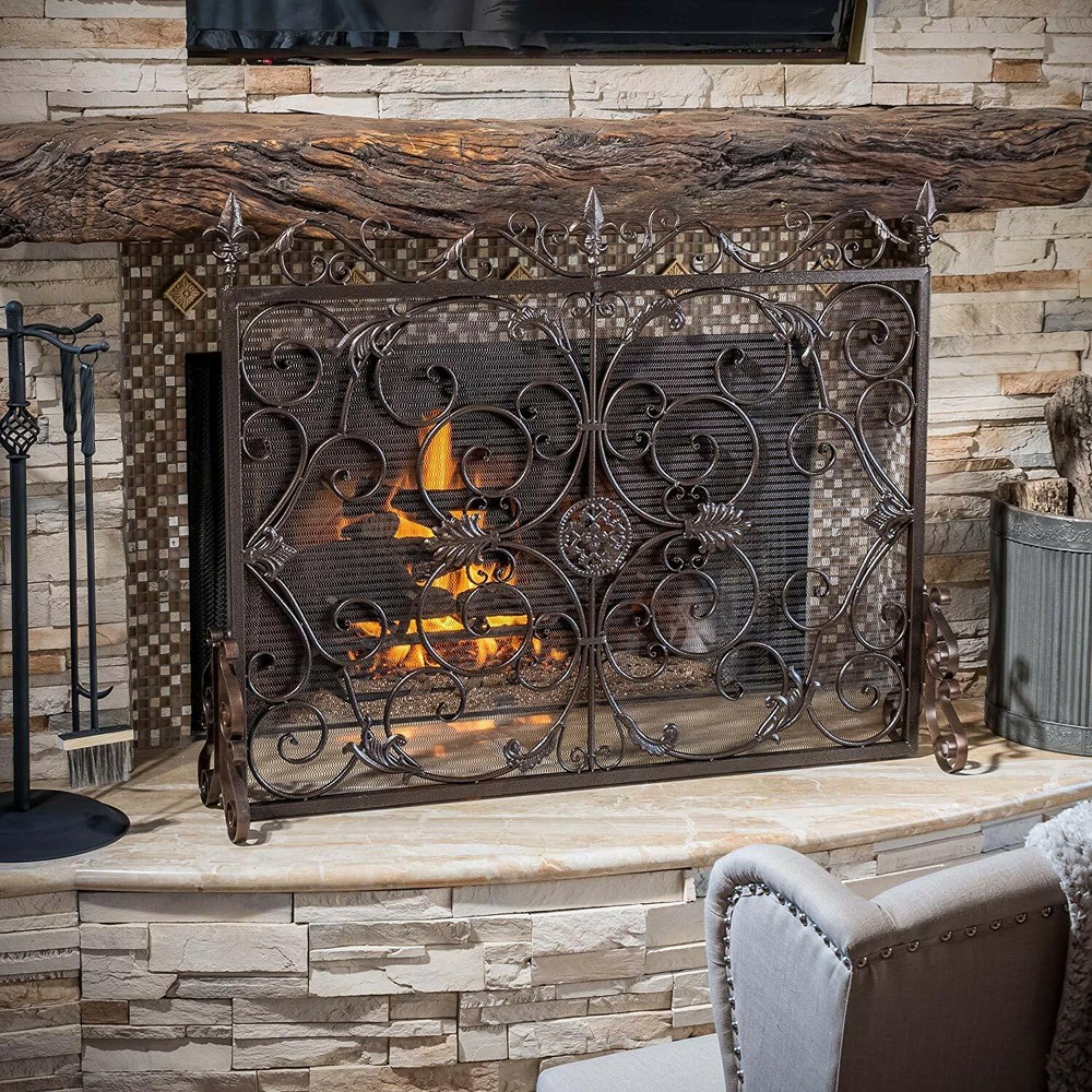 Black Gold Finish Fireplace Screen Panel Stand Wrought Iron Victorian Scrollwork