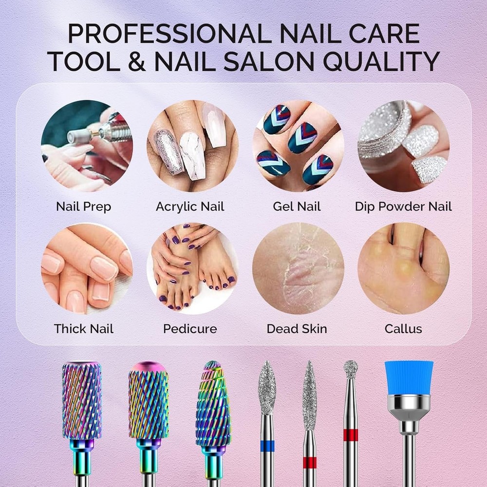 Nail Drill Bits Set, 7pcs Tungsten Carbide Diamond Nail Drill Bits for Acryli...