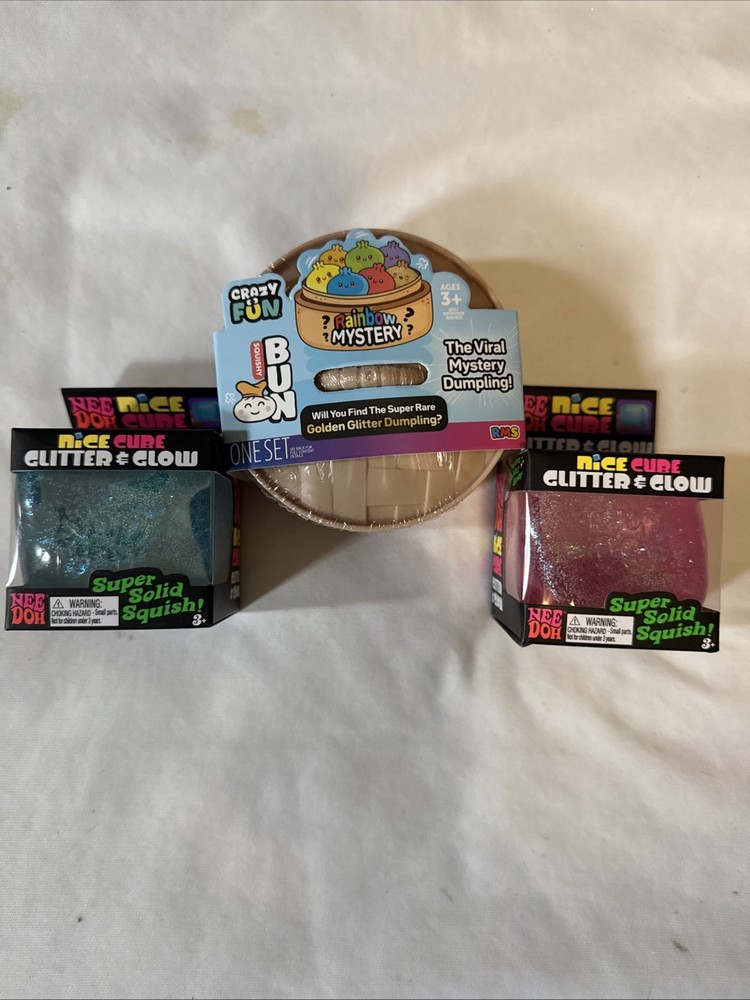 2- Nee Doh Nice Cube Glitter And Glow + 1 Squishy Bun Crazy Fun Dumpling, ALL 3.