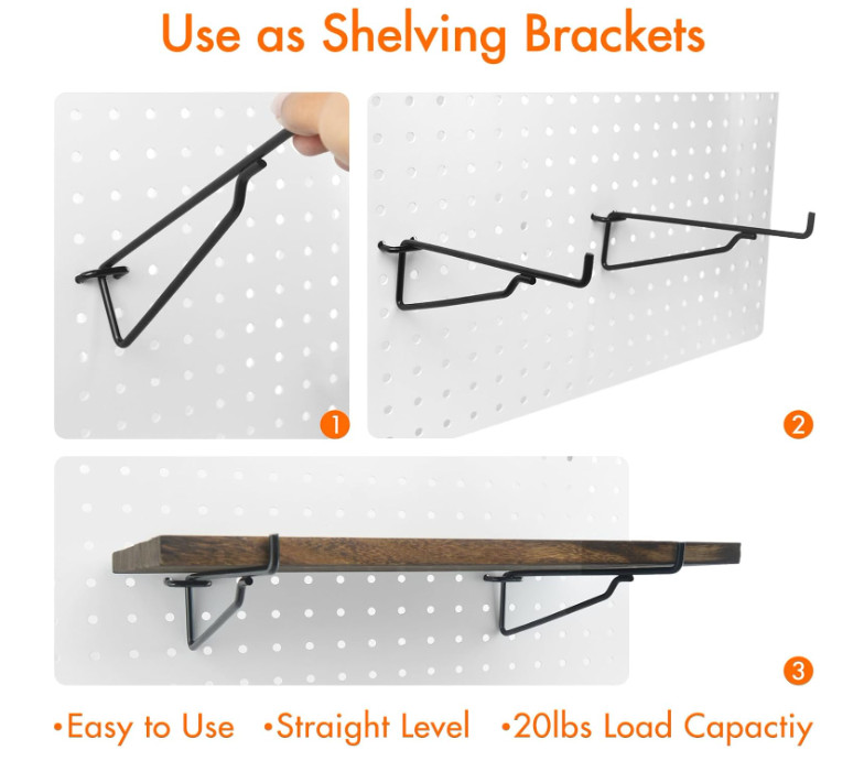 G.CORE 10-Pack 8" Black Pegboard Shelf Hooks for Garage, Craft, Workshop Storage