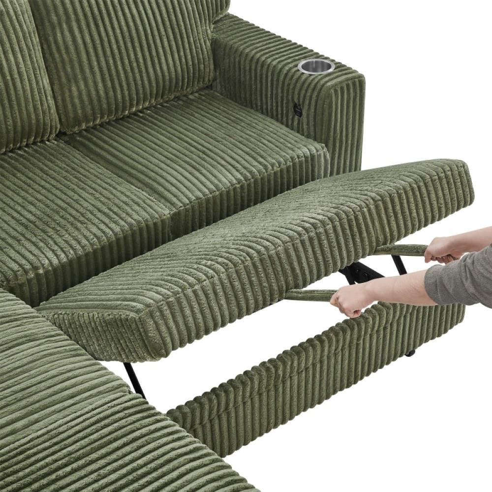 L-Shaped Sofa Bed w/ Pull-Out Sleeper & USB/Type-C, Corduroy, Olive Green