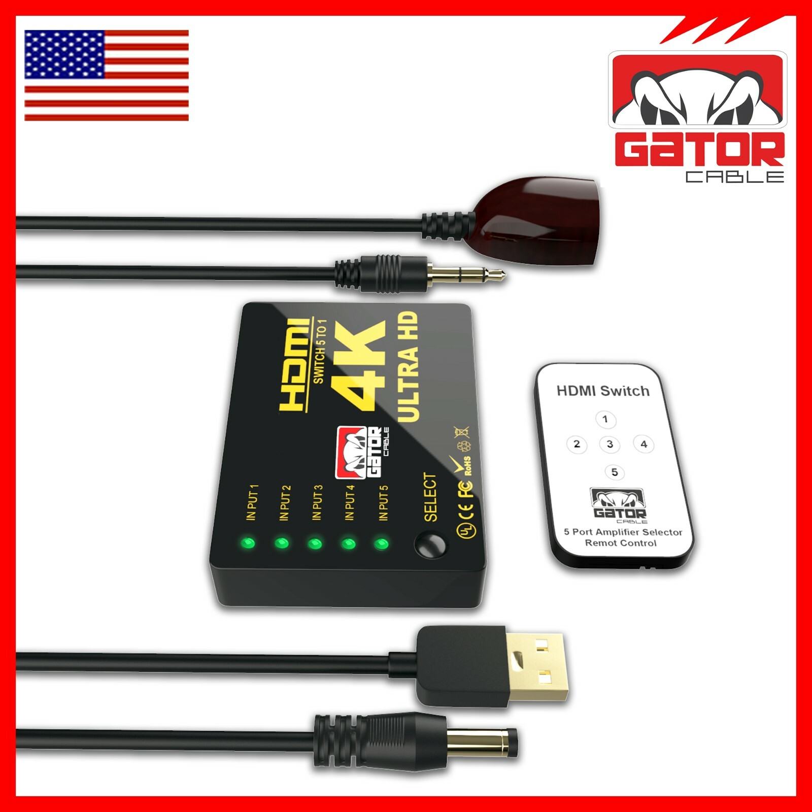 4K HDMI 2.0 Cable Splitter Switcher Box Hub IR Remote Control 5X1 Power 5 to 1