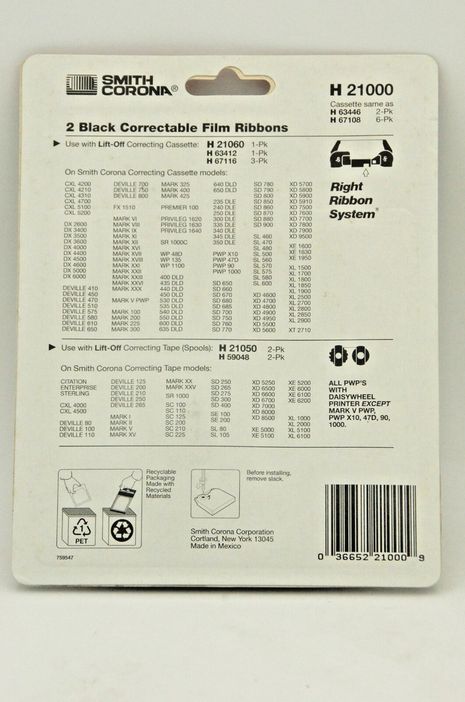 Smith Corona H Series 21000 Correctable Typewriter Ribbons 2 Pack