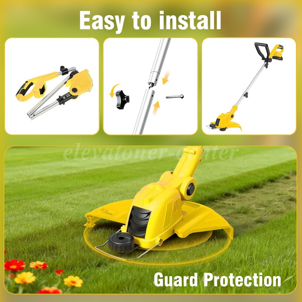 12" Cordless String Trimmer, 90° Rotating Head, Auto Feed, 2000mAh, Yellow