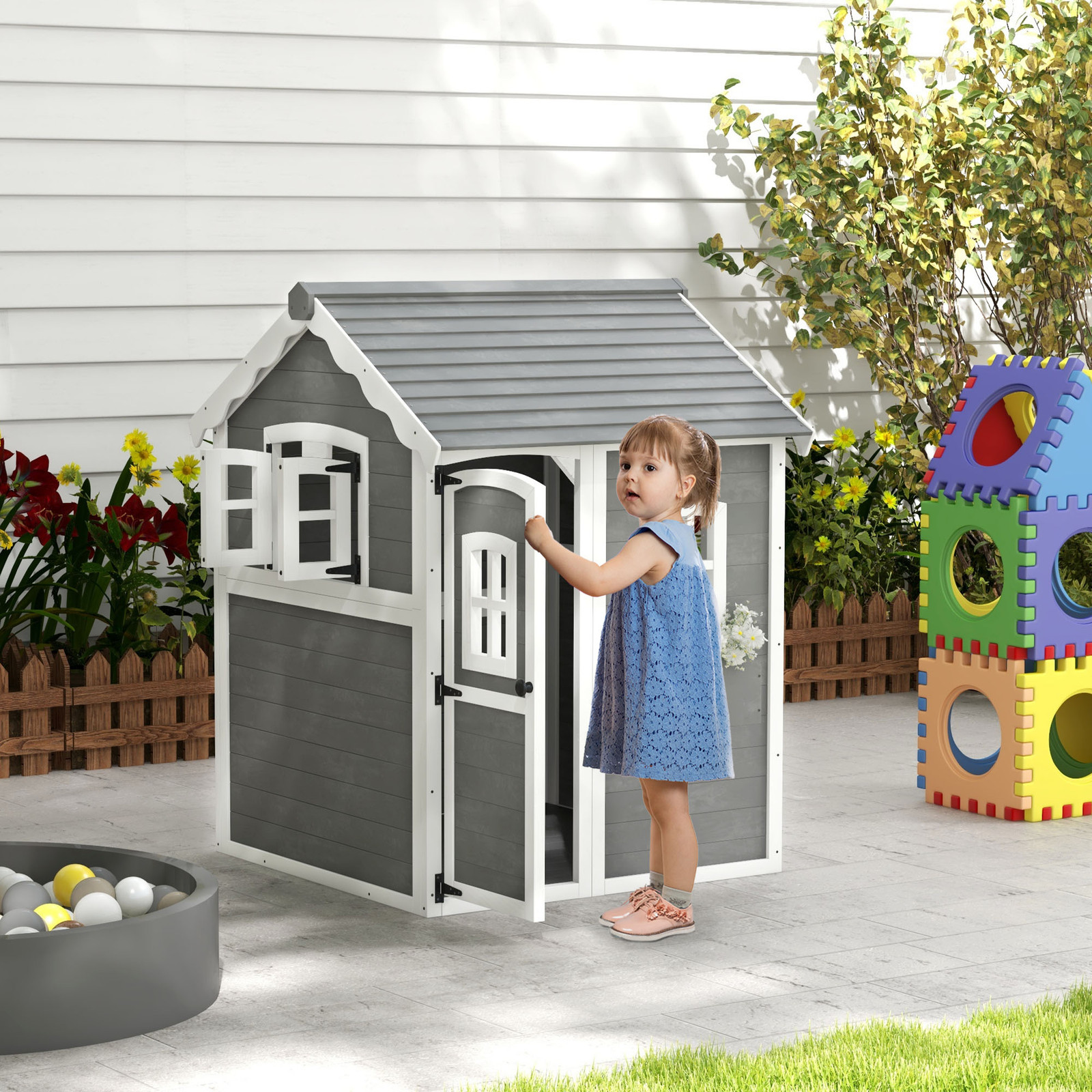 Playhouse for Kids Outdoor with Floors, for 3-8 Years Old, Gray