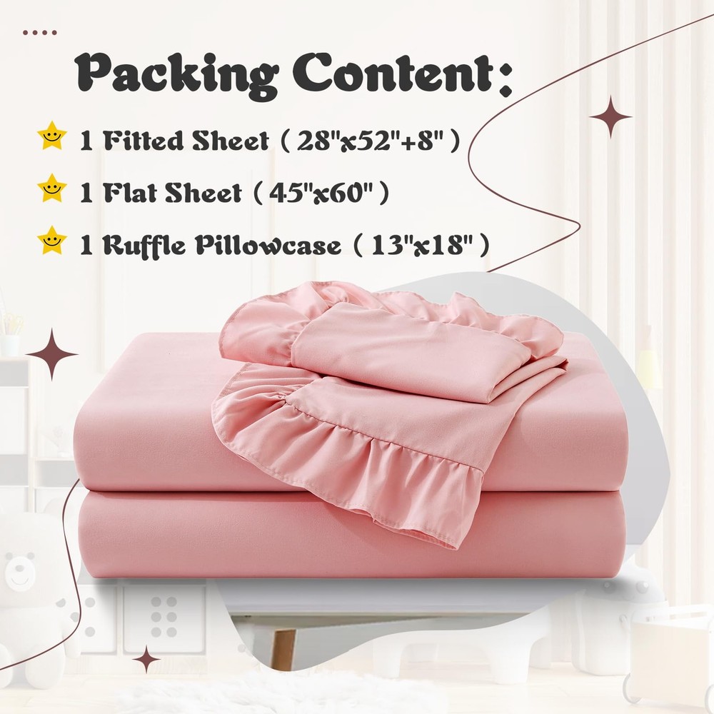 3 Piece Toddler Sheet Set Microfiber, Includes a Flat Sheet, a Fitted Sheet a...