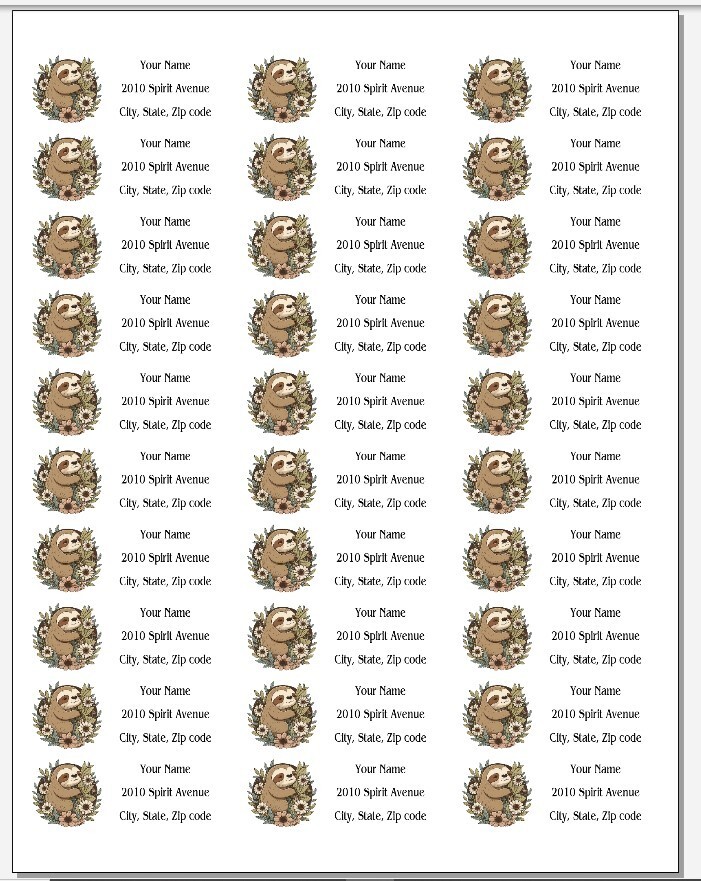 150 Cute Sloth in Flowers Mailing Return Address Labels Personalized